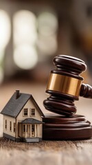 Legal Decision Impacting Housing Market with Model House and Gavel on Wooden Table Background