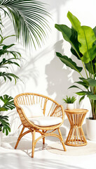 Fototapeta premium Minimal tropical bamboo furniture with lush plants on white background. 