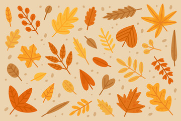Big set of autumn leaves. Hand-drawn yellow leaves collection. Cartoon illustrations in flat style. Vector design elements