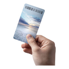 Hand Holding Card with Ocean Background at Sunset