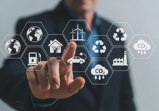 Person interacting with a digital interface displaying environmental sustainability icons