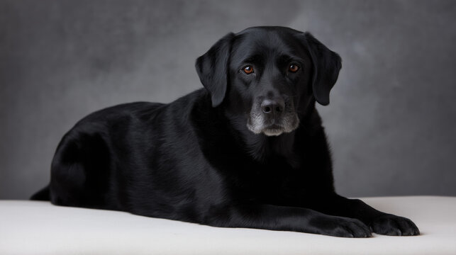 Black dog lying down with calm expression on gray background, showing smooth fur and attentive eyes in soft lighting