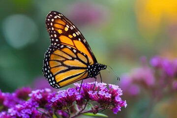 Naklejka premium Monarch butterfly resting on vibrant purple butterfly bush flowers in summer