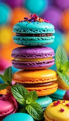A vibrant tower of colorful gourmet French macarons with chocolate and fruit fillings, garnished with fresh mint