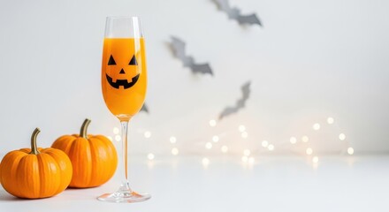 Festive halloween beverage with pumpkins and bat decorations