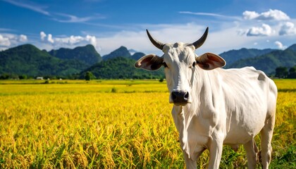 White cow in a golden rice paddy field under a blue sky