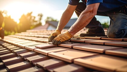 Roof repair worker installing tiles