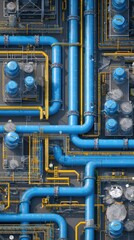 Blue and Yellow Industrial Pipe Network Overhead View in Modern Facility with Storage Tanks and Equipment