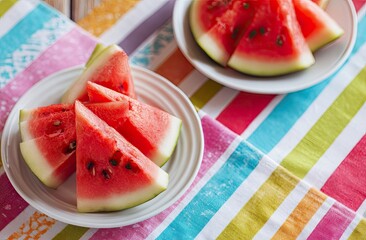 Fresh watermelon slices on plates with colorful striped background summer treat