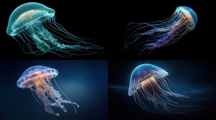 Four jellyfish floating with light trails