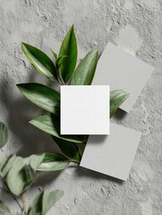White Square Stickers Mockup with Green Leaves on Textured Background. High quality