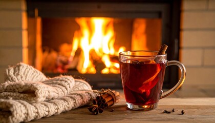 Warm beverage in glass mug near fireplace