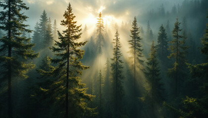 Sunset-lit dense pine forest with warm mist and cinematic golden-hour tones.