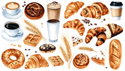 Watercolor painting of assorted breakfast pastries, coffee drinks, and wheat