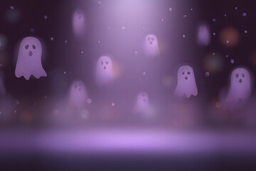 Fototapeta premium Cute and spooky Halloween backdrop with soft fog and floating ghosts.