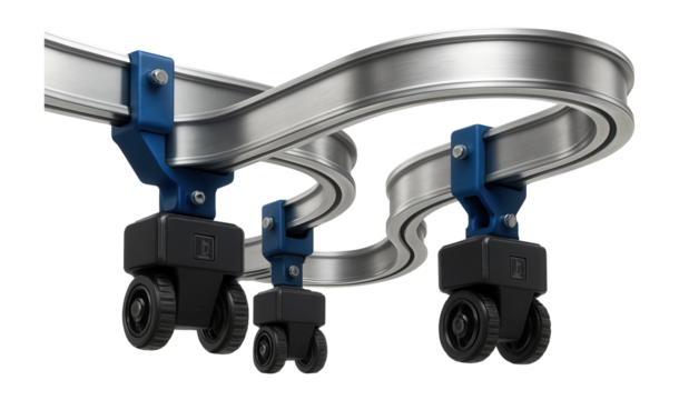 Overhead monorail system with a flexible track layout for complex routing in a manufacturing complex.