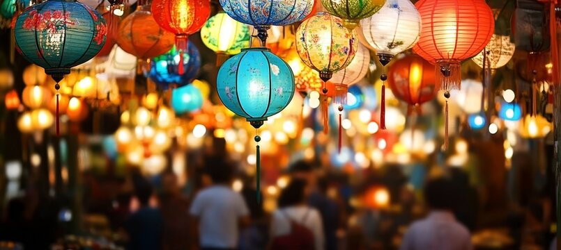 Vibrant illuminated lantern displays create a festive atmosphere in a bustling nighttime crowd.