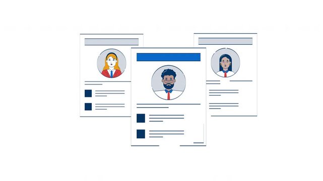 Job resume paper sheets with diverse candidates profiles hand drawn 2D object animation. Employee CVs. HR screening pages animated handdrawn element isolated on white. Cartoon doodle 4K video