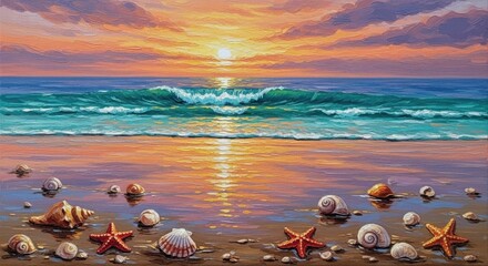 Vibrant sunset over a shell strewn shoreline