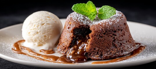 Delicious Chocolate Lava Cake with a Melting Center, Served with Vanilla Ice Cream and Mint Garnish