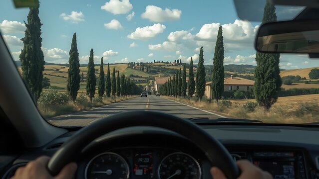 Fototapeta Driver’s windshield view, Tuscany hills, cypress alleys, steering wheel in foreground, shallow DOF, photorealistic, 4K.