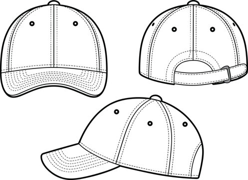 Baseball cap technical flat sketch, front back side view, adjustable strap, vector illustration for apparel design, headwear cad drawing