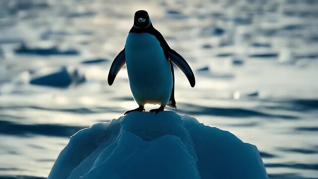 An Adelie penguin stands on an ice floe in the ocean. The scene captures the penguin's distinctive black and white coloring against a shimmering water background.