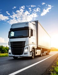 White semi-truck drives on a highway at sunset