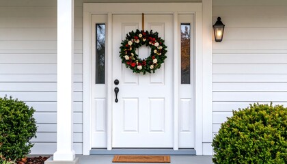 White door with wreath, flanked by shrubs and porch light