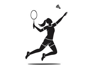 Minimalist flat vector silhouette of a badminton player in dynamic pose sports