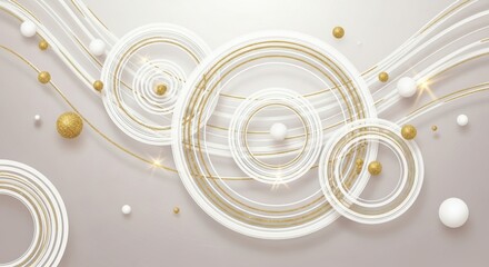 Abstract swirling rings and golden spheres on a textured background
