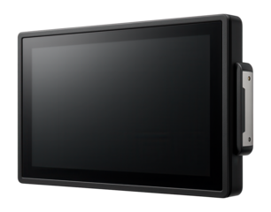 Wide-screen industrial monitor with a tempered glass front and VESA mount compatibility for control rooms in oil refineries.