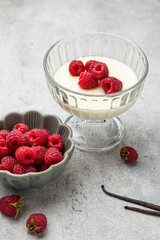 Traditional Italian dessert. Vanilla panna cotta with fresh raspberries on grey background in glass cup. Individual trifle. Home cooking. Selective focus.