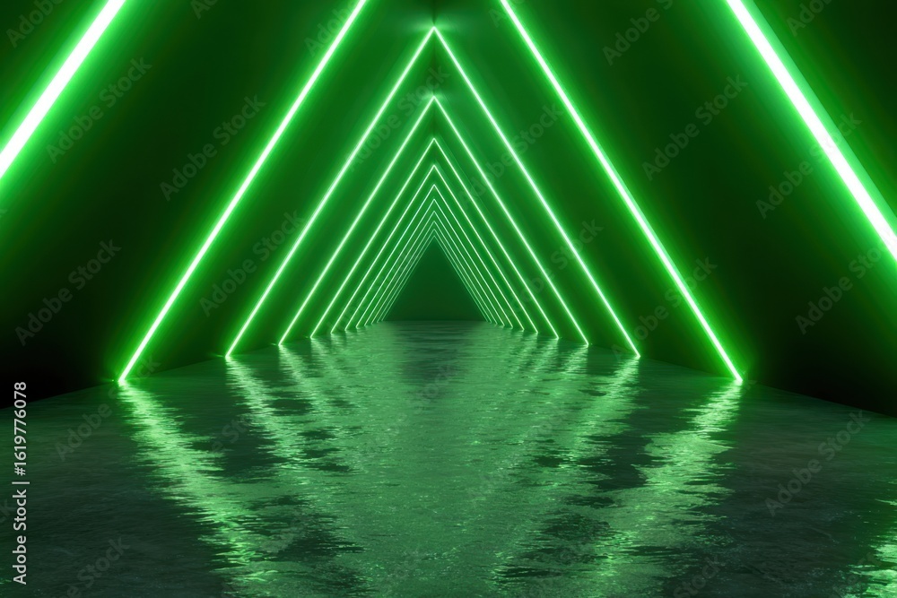 Poster ai generated image of endless green neon tunnel with reflections on wet floor