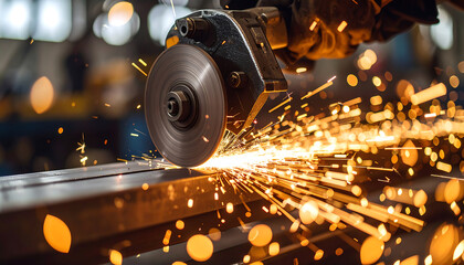 A worker uses an angle grinder to cut metal, sparks flying.