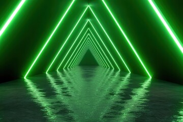 Ai generated image of endless green neon tunnel with reflections on wet floor