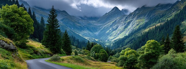 A panoramic view of the Scottish countryside, with rolling green hills and dramatic cliffs at sunset.