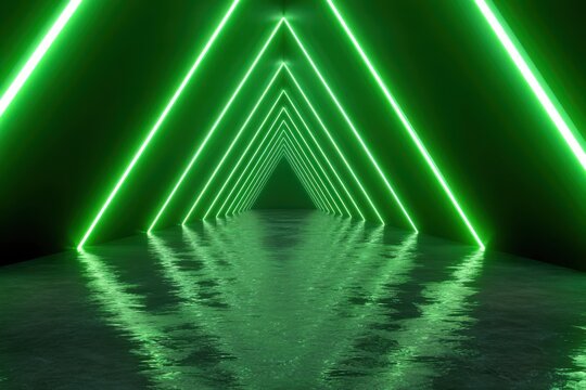 Ai generated image of endless green neon tunnel with reflections on wet floor