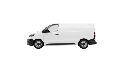 A brand new, transparent panel van with crisp lines and smooth contours, perfectly centered on a transparent studio background with shadowless lighting, concept of professional commercial