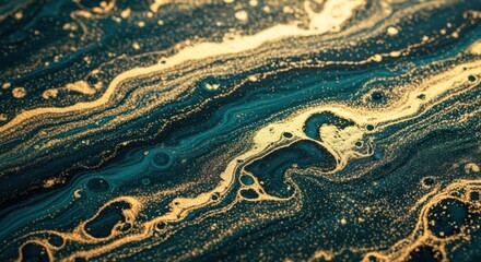 Abstract swirls of teal gold and dark blue with glittering accents