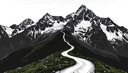 Winding road ascends through stark, snow-capped mountains