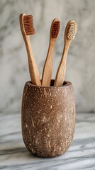 Wooden Toothbrush in Coconut Husk Holder on Marble Surface. High quality