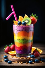 Vibrant Rainbow Fruit Smoothie Layered with Fresh Berries and Citrus, a Refreshing and Healthy Treat