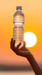 Hand holding water bottle against vibrant sunset background