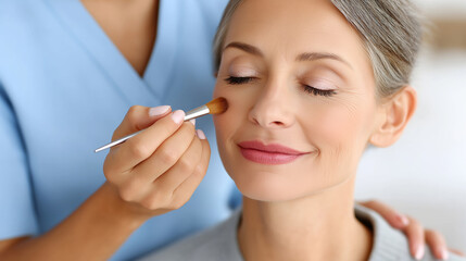 Mature caucasian female enjoying professional makeup application by asian beauty expert