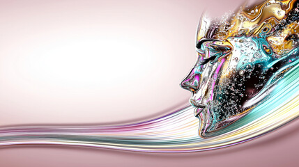 Abstract metallic female face art with flowing colors and liquid texture