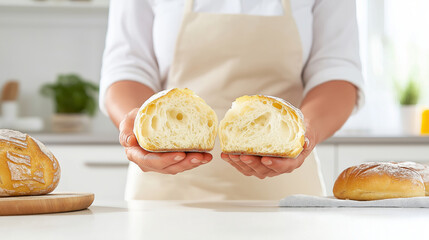 Caucasian young female baker displaying freshly baked artisan bread in kitchen