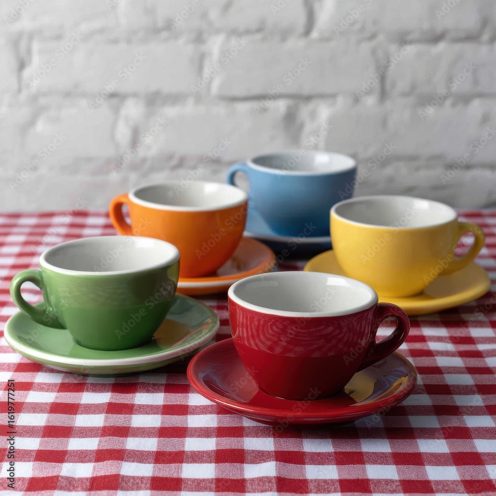 Poster ai generated image of colorful coffee cups and saucers arranged on a table