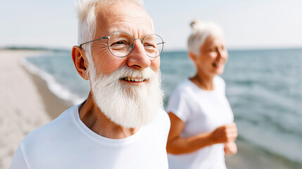 Elderly caucasian couple enjoying a beach walk on a sunny day