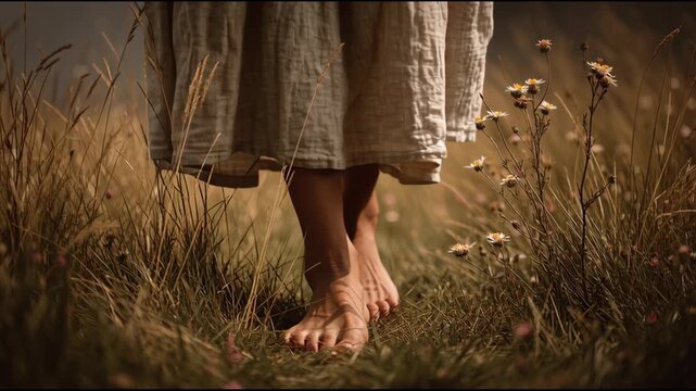 Barefoot Walk Through Wildflower Meadow Evokes Sense of Freedom, Tranquility, Serenity, and Connection with Nature and Grass